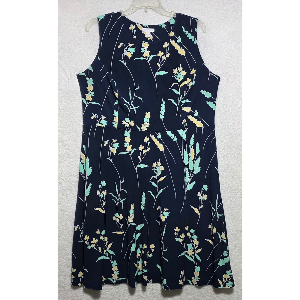 Charter Club Women's Navy Blue Floral Fit Flare Dress Sleeveless 2X Plus Size